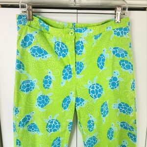 Lilly Pulitzer Turtle Print Capri Pants Bright Green & Blue Cotton Women's 10